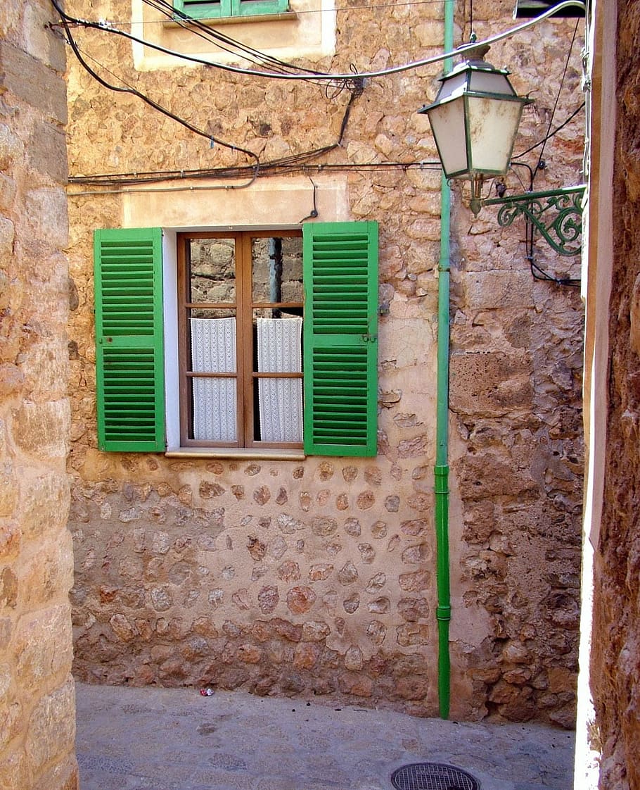 lantern, old, shutters, green, stone, wall, natural, color HD wallpaper