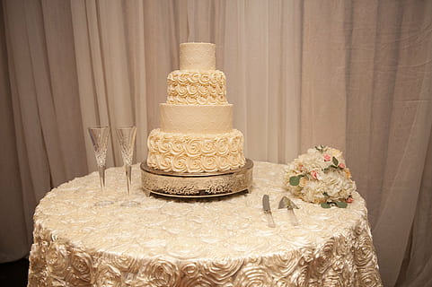 three tier brown coated cake, wedding reception, wedding cake HD wallpaper