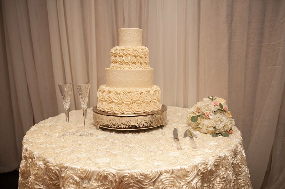 three tier brown coated cake, wedding reception, wedding cake HD wallpaper