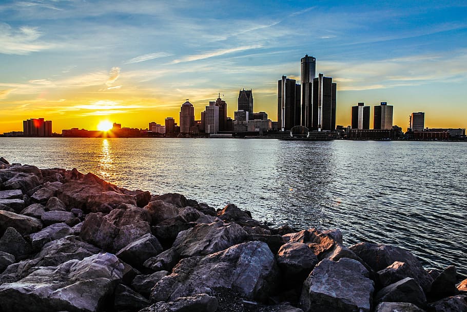 sunset, riverside, rock, long exposure, canada, united states HD wallpaper