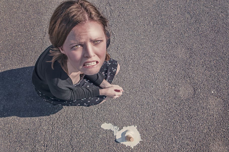 woman sitting on pavement beside ice cream cone, black, scoop HD wallpaper