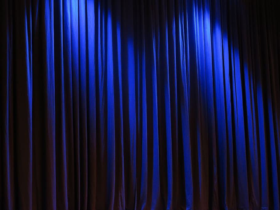 closeup photo of blue silk curtain, theater, velvet, blue vorührung, HD wallpaper