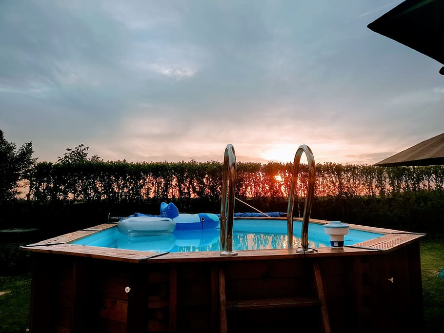 swimming pool, sky, sun, sunset, water, cloud - sky, nature HD wallpaper