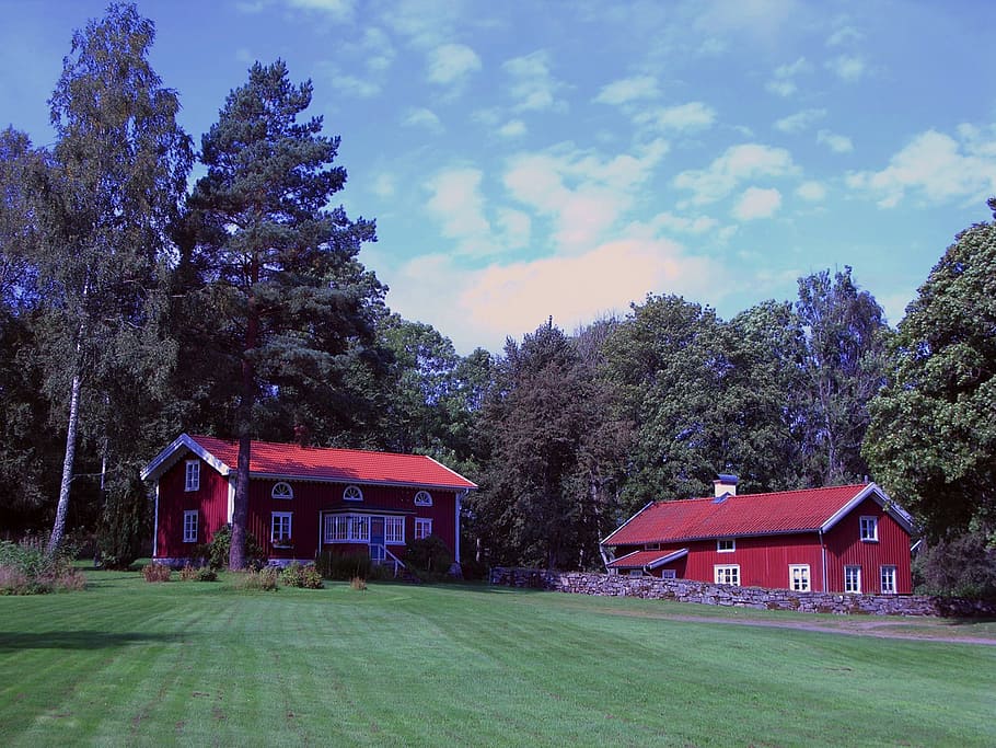 sweden, landscape, house, barn, sky, clouds, home, farm, rural HD wallpaper