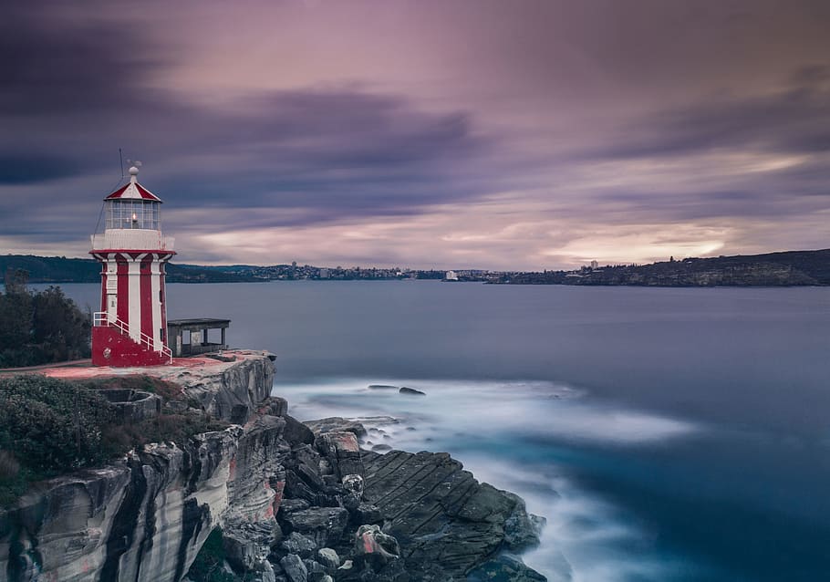 white and red lighthouse near body of water, Lost at sea, rock HD wallpaper