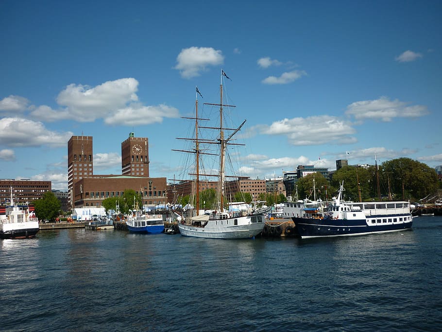 oslo, town hall, oslofjord, norway, port, travel, city, nautical vessel, HD wallpaper