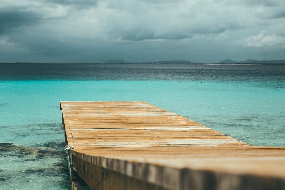 sea dock on calm body of water, ocean, blue, waves, nature, beach, HD wallpaper