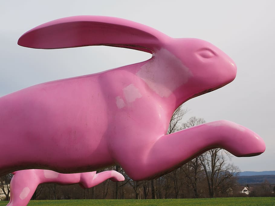 hare, jump, bunny jump, running away, bounce away, pink, artwork, HD wallpaper