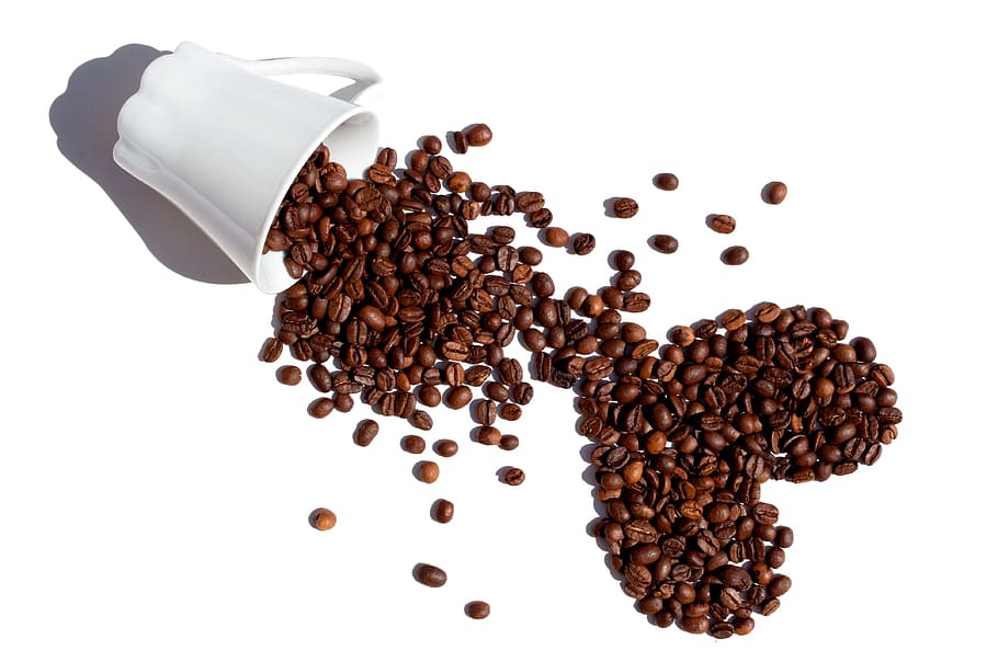 coffee beans and white ceramic mug, Coffee, Beans, Isolated HD wallpaper