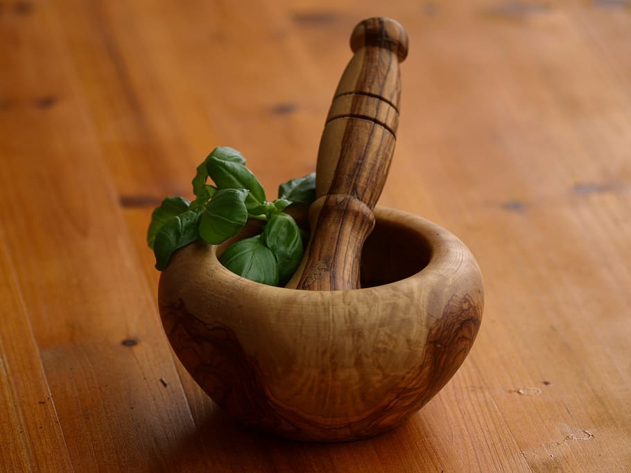 green herb on a brown wooden mortar and pestle, plunger, herbs HD wallpaper