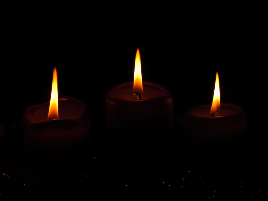 three candles with orange flames, candlelight, burn, christmas HD wallpaper
