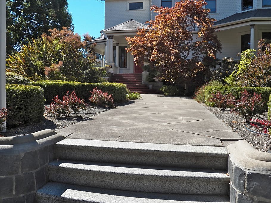 gray concrete pathway, walkway, front yard, outdoor, landscape HD wallpaper