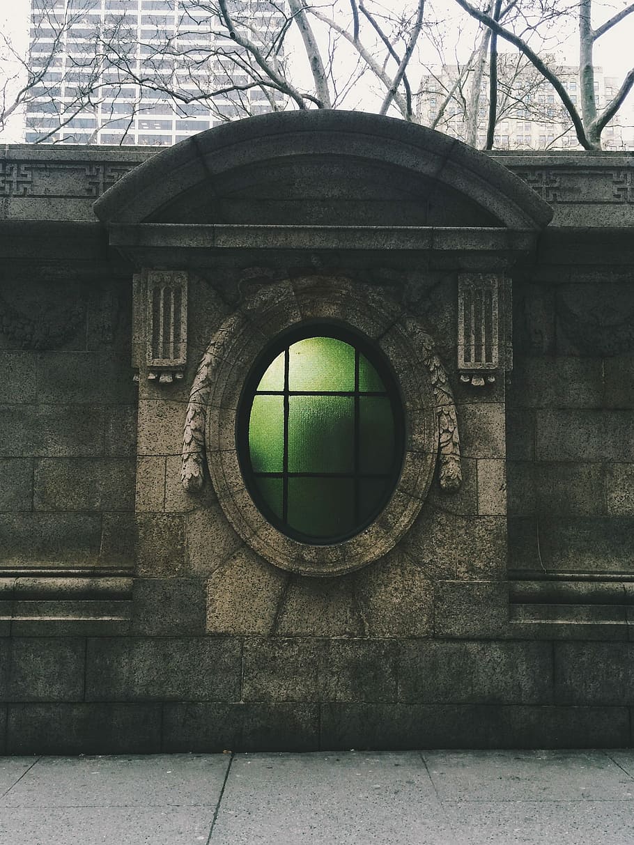 green glass window, brown concrete building, wall, urban, tree HD wallpaper