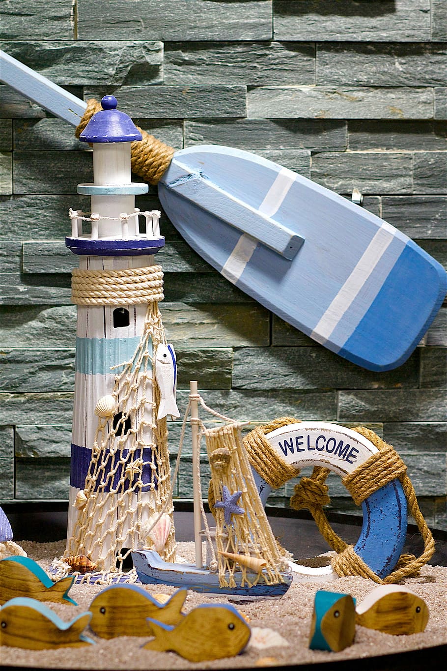 lighthouse, lifebelt, paddle, fish, sand, nautical vessel, water HD wallpaper