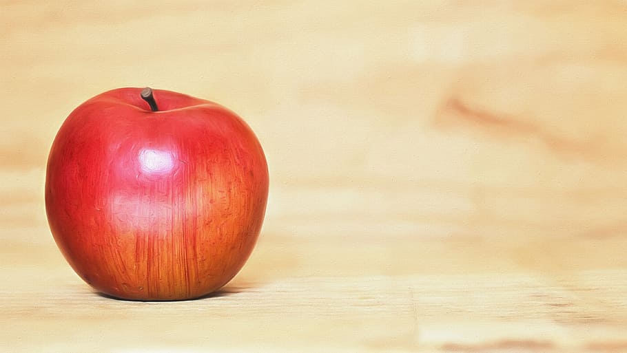 red apple fruit on top of brown surface, shiny, vitamins, healthy HD wallpaper
