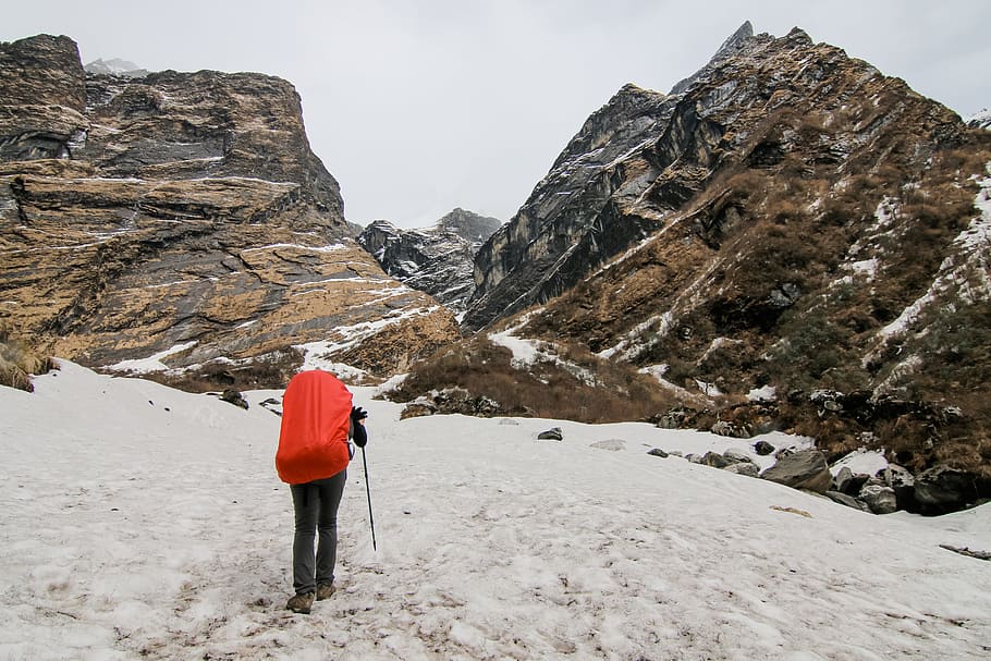 cold, snow, nature, sky, adventure, back view, backpacker, environment HD wallpaper
