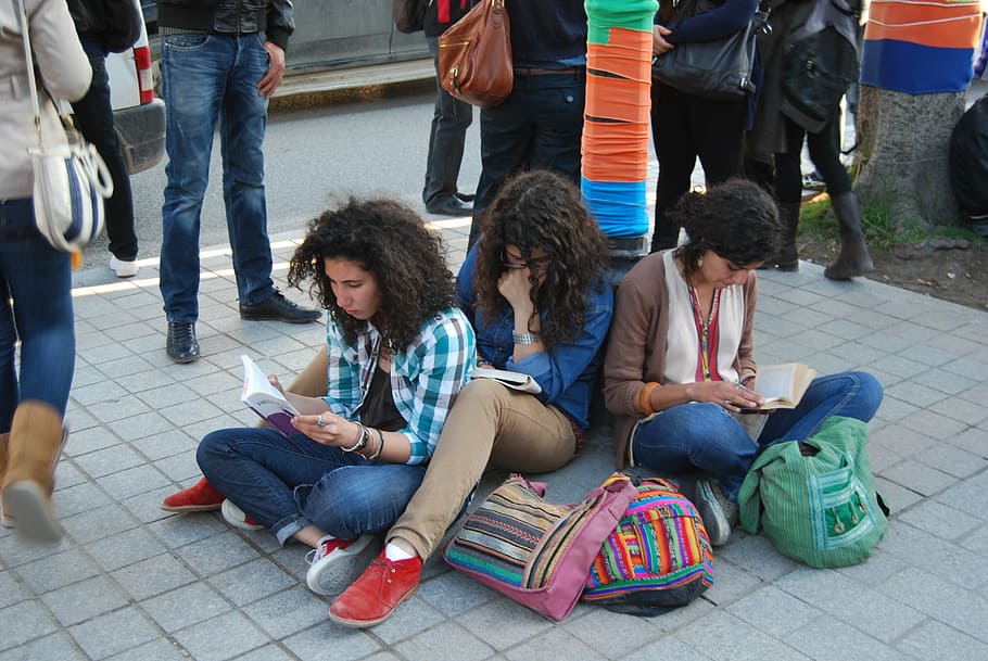 open book, reading, page, group of people, full length, sitting HD wallpaper