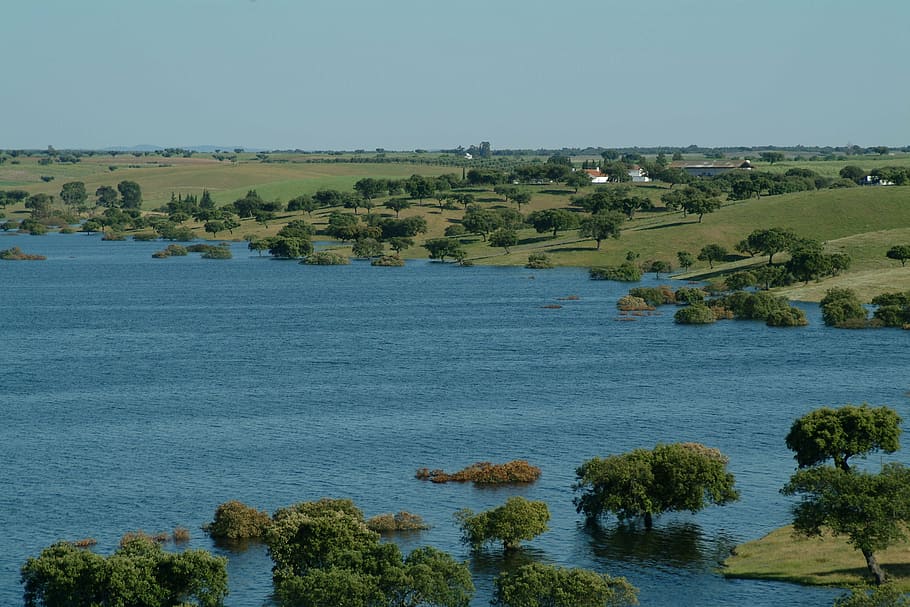 albufeira, landscape, flood, water, sky, scenics - nature, plant HD wallpaper