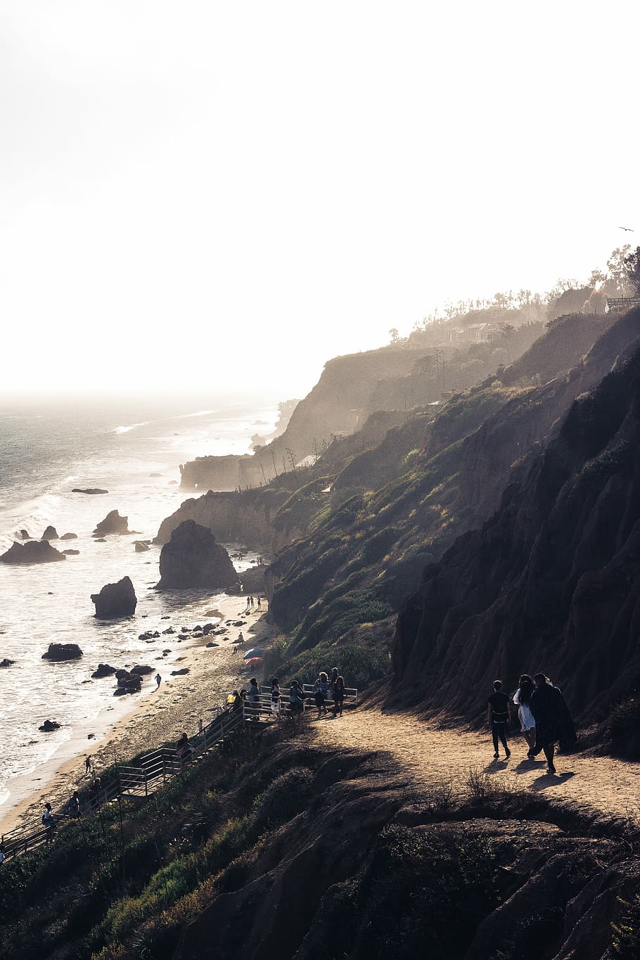 people walking in mountain, beach, coast, rock, path, track HD wallpaper