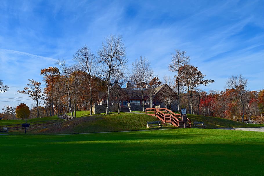 park, landscape, grass, building, trees, sun, stones, shadow HD wallpaper