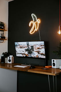 My Desk Setup, black flat screen computer monitor on brown desk HD wallpaper