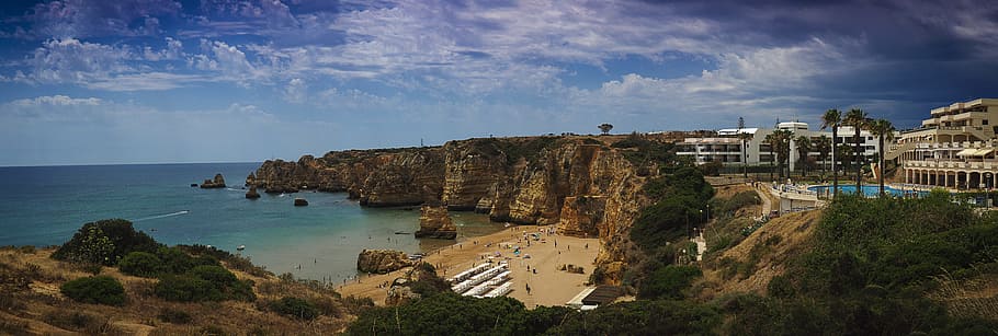 Beach, Algarve, Panorama, sky, water, architecture, no people HD wallpaper