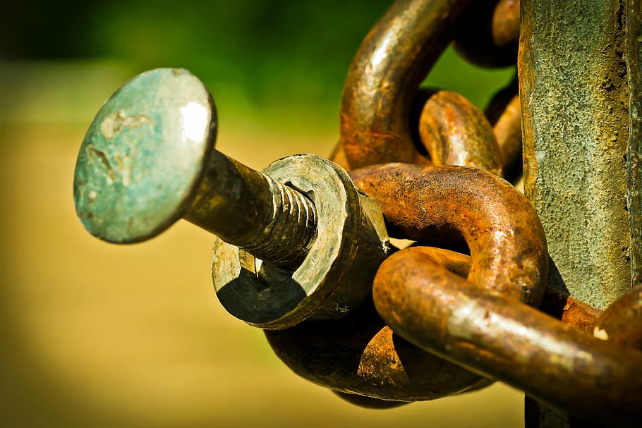 close-up photo of brass chain link and bolt, links of the chain, HD wallpaper