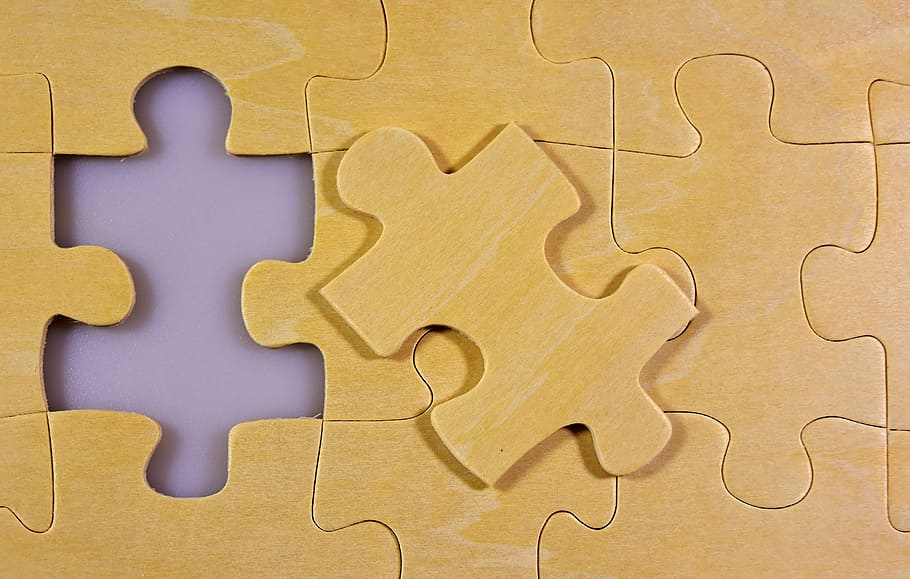 yellow puzzle piece, last part, wood, joining together, insert, HD wallpaper