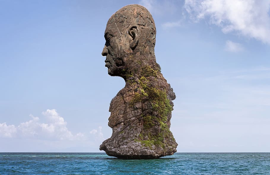 sea, waters, statue, ocean, sky, cloud - sky, nature, day, representation HD wallpaper