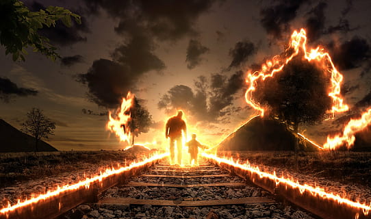 man and child walking on train trail, fire, tracks, trees, design HD wallpaper