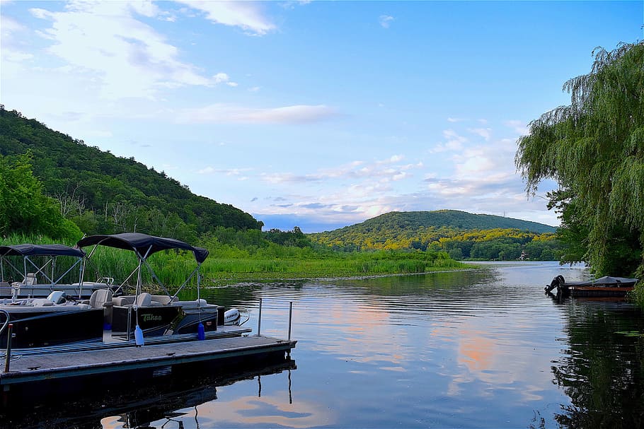 Lake, Boat, Dock, Mountain, Trees, Sky, clouds, summer, water HD wallpaper