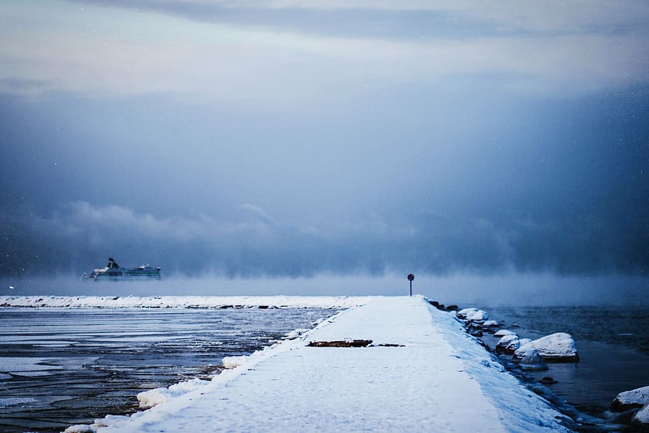 landscape photography of snow and body of water, road, beside HD wallpaper