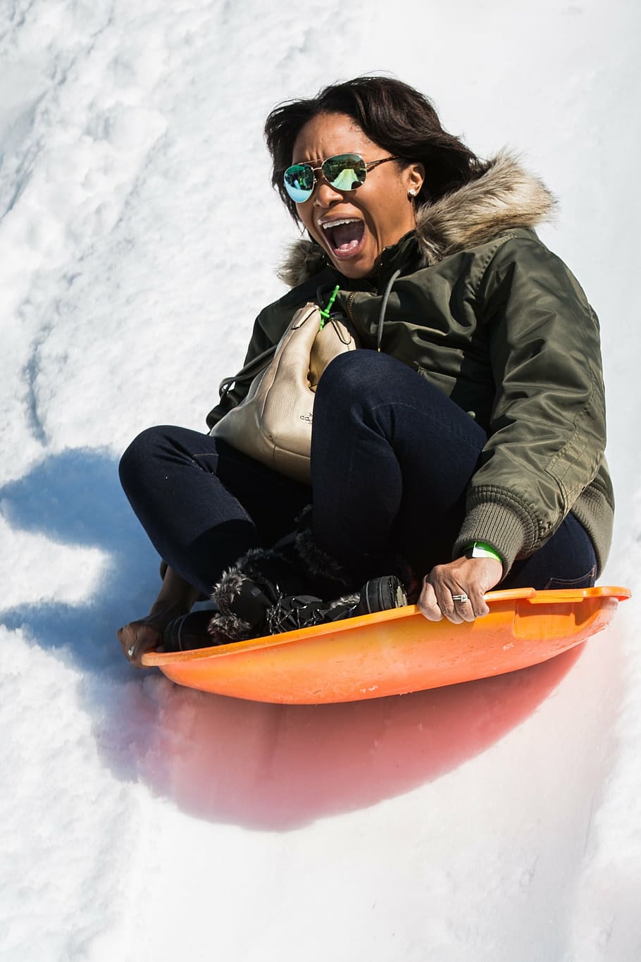 snow, sled, fun, winter, outdoors, people, smiling, sport, recreational Pursuit HD wallpaper