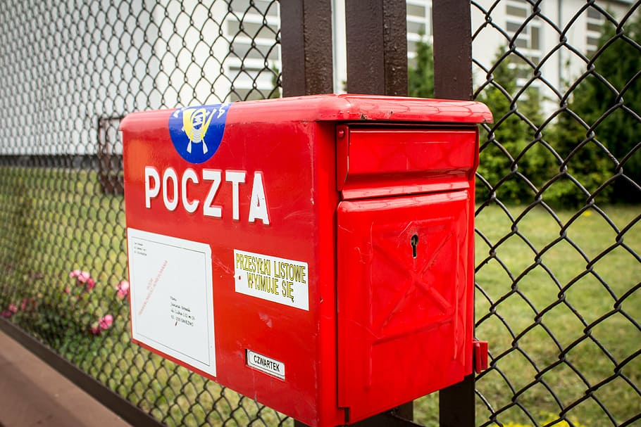 red mail box on fence, email, mailbox, polish post office, letter HD wallpaper