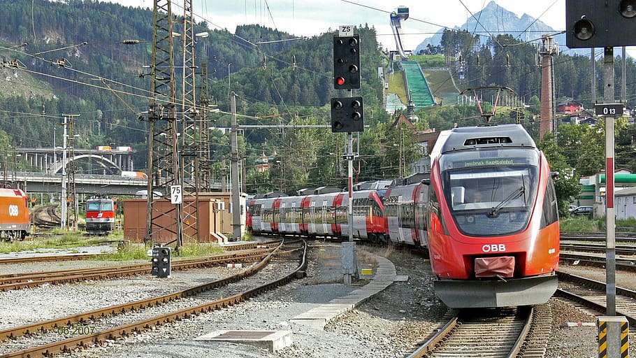 orange train on rail, innsbruck, central station, electrical multiple unit, HD wallpaper