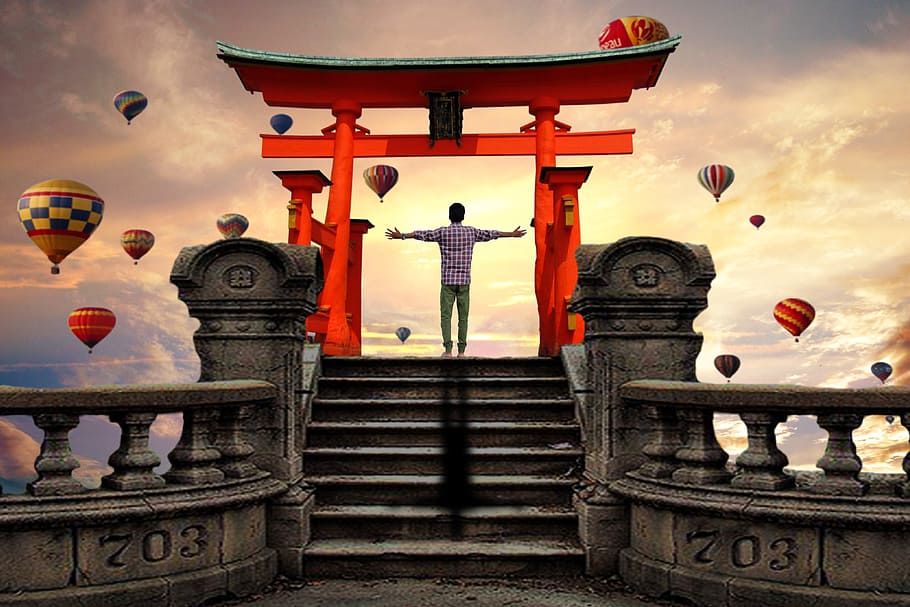 manipulation, balloon, shrine gate, yellow cloud, composition HD wallpaper