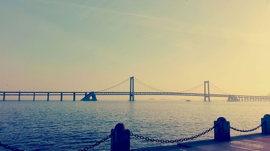dalian, beach, sunset, city, china, sea, bay, bridge, twilight HD wallpaper