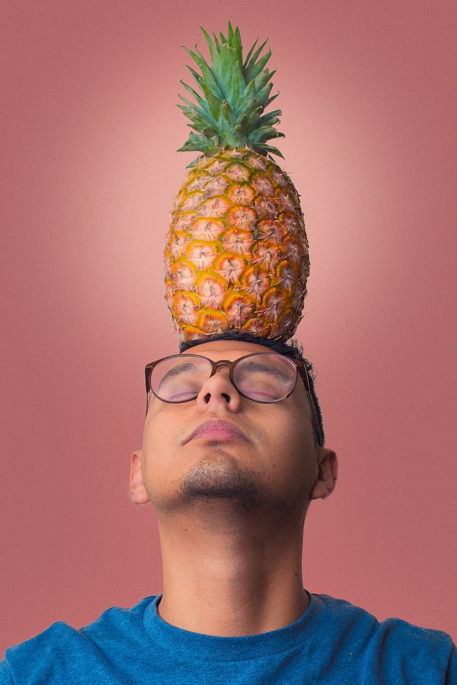 Man with pineapple on head, close eyes, fruit, meditation, posture, HD wallpaper