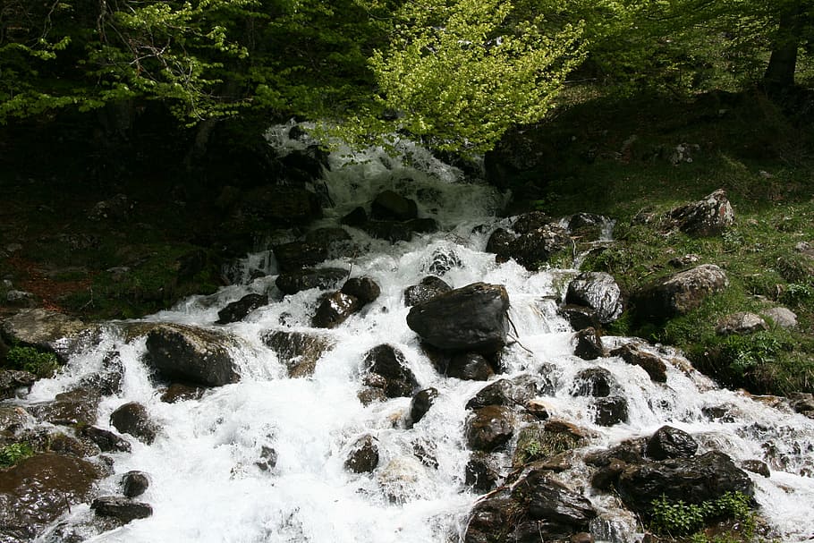 cascade, nature, river, landscape, mountain, foam, rock, pierre HD wallpaper