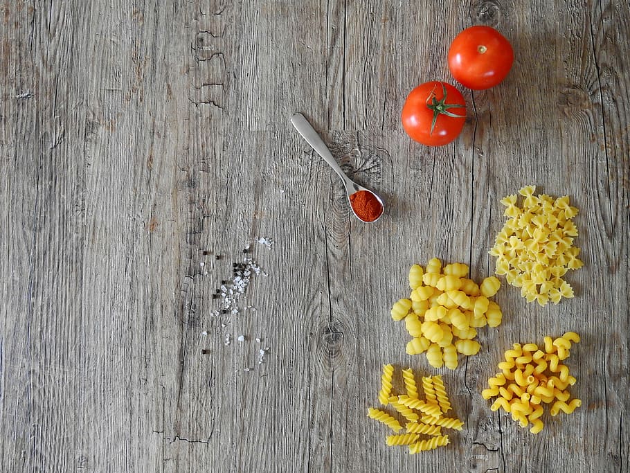 tomato fruits, slice potatoes, and powder on spoon, eat, cook HD wallpaper