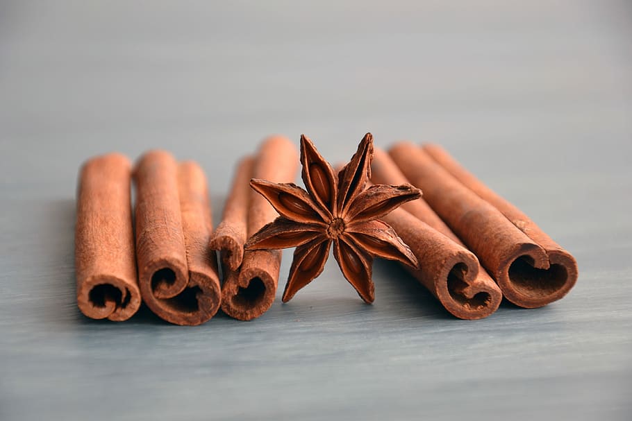 brown textiles on gray surface, spices, ingredients, anise, cinnamon, HD wallpaper