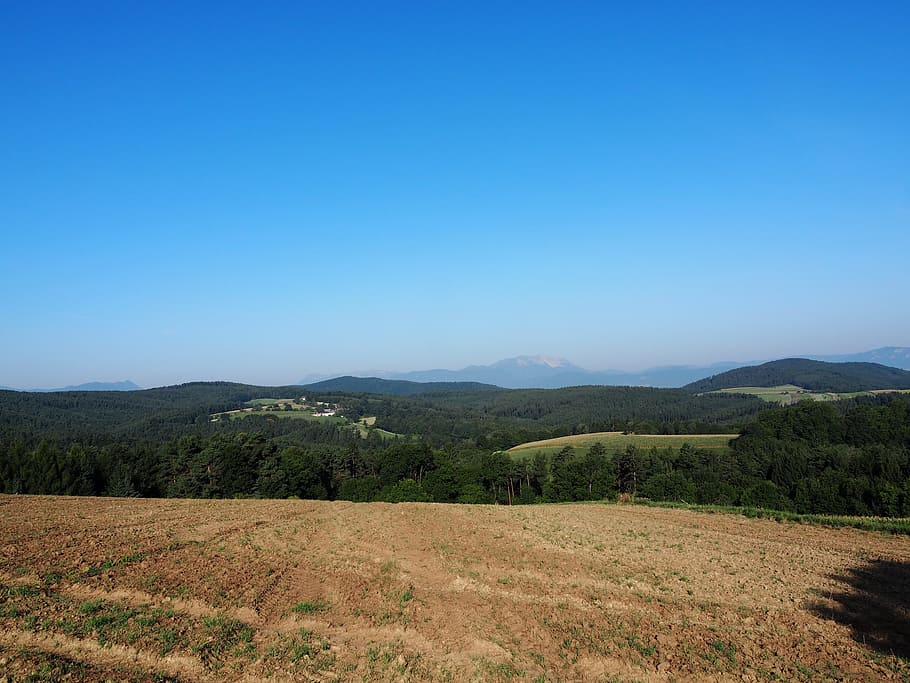 panorama, mountains, sky, blue, alpine, forest, landscape, alm HD wallpaper