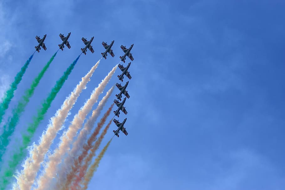 fighter jet formation, sky, outdoors, airplane, flight, blue sky HD wallpaper