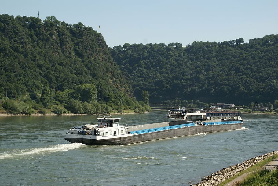 barge, loreley, bakeck, st goar, transpot, middle rhine, water HD wallpaper