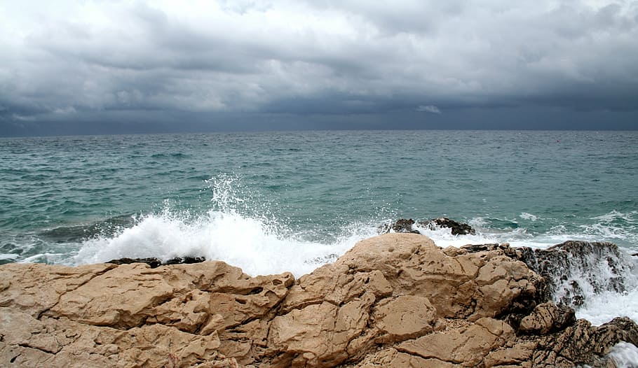 sea, wave, surf, spray, swell, mood, foam, breakwater, sky HD wallpaper