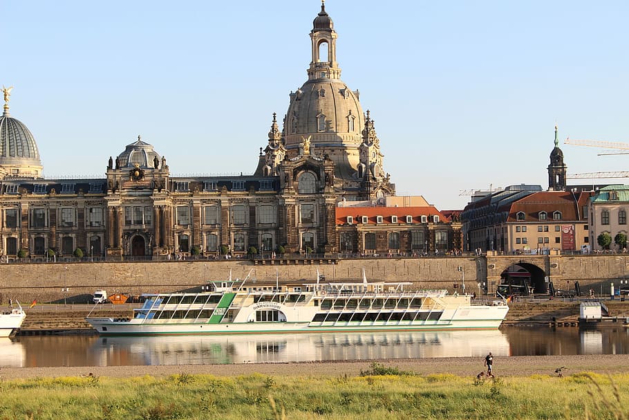 Dresden, Elbe, Grass, Sun, Day, frauenkirche, architecture HD wallpaper