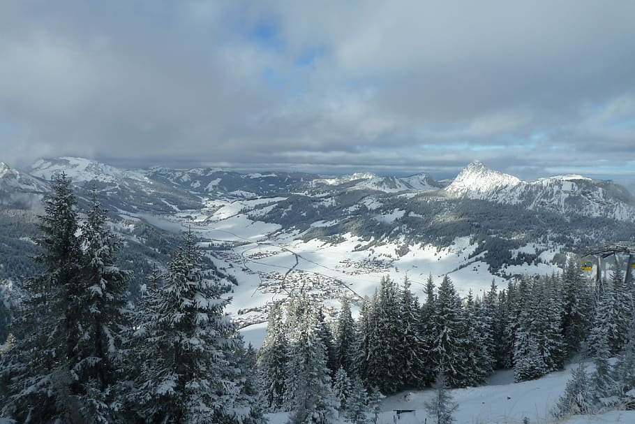 tannheim, landscape, mountains, austria, tyrol, trees, winter, HD wallpaper