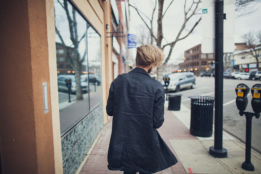 people, man, alone walking, sidewalk, street, road, city, building HD wallpaper