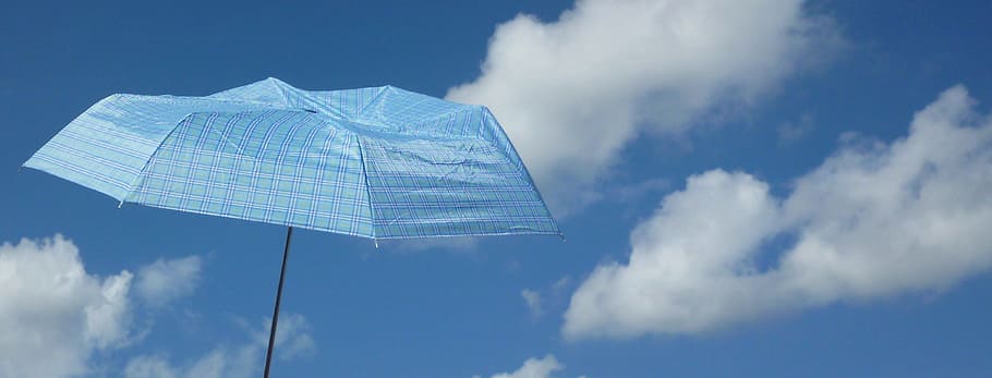 blue umbrella, summer, clouds, holiday, air, blue sky, parasol HD wallpaper