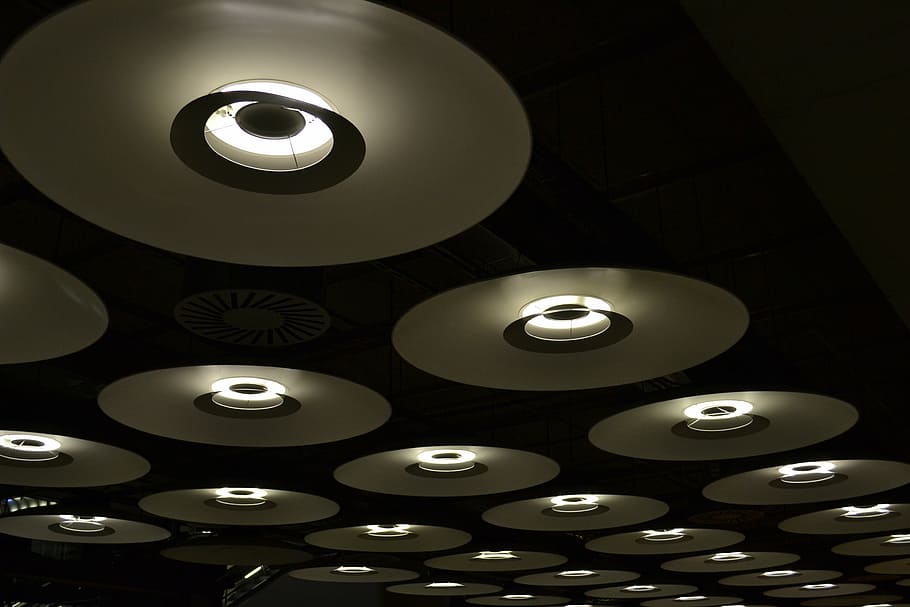 ceiling lights, lighting, lamps, modern, madrid, airport, illuminated HD wallpaper